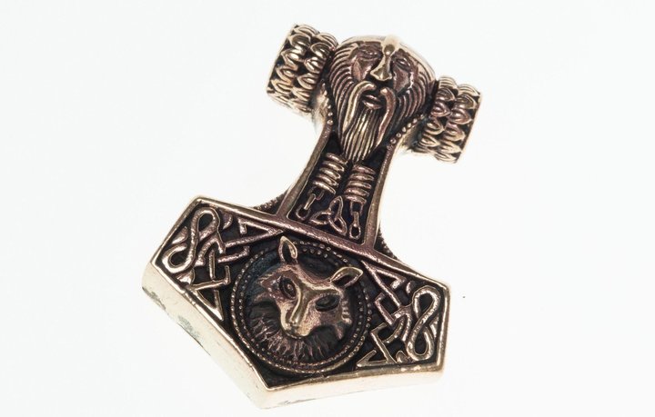 Großer Schmuck Anhänger - THORON - 4.3 cm - Thorshammer mit Odins Kopf - Vintage Bronze Großer Schmuck Anhänger - THORON - 4.3 cm - Thorshammer mit Odins Kopf - Vintage Bronze